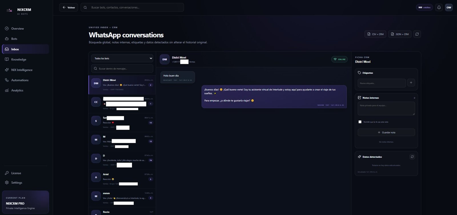 Vista real del inbox y CRM de NIXCRM IA Bots